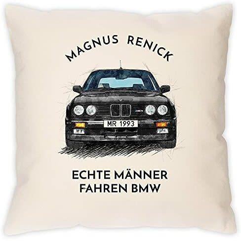 Maverton Kissen für Autoliebhaber - Personalisierbar - 100% Baumwolle -  Naturfarben - Inkl. Füllung - BMW Design