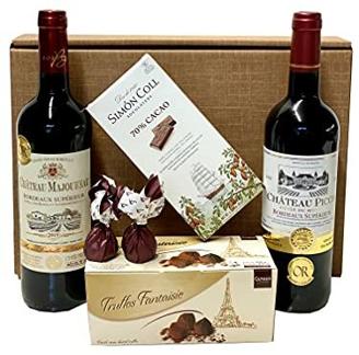 Geschenkset französische Genüsse | 2 x französischer Rotwein (Bordeaux) trocken | Schokoladen-Trüffel | Zartbitterschokolade | 2 x Feigen in Schokolade