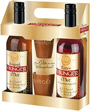 Original Wikinger Met + Roter Wikinger Met im Geschenkset | 2x0,75L inkl. 2 Becher | Honigwein aus der Region Haithabu | fruchtig aromatisch | Das Original