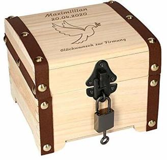 Schatztruhe Personalisiert zur Firmung mit Gravur mit Schloss - Geschenk, Aufbewahrungsbox aus Holz, Verpackung für Geldgeschenke, Geschenk-Box, Glückwünsche - 12x14x14cm