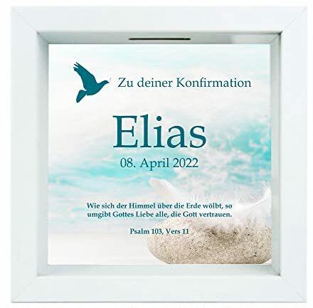 Bilderrahmen-Spardose – personalisiert mit Name und Datum – Geschenk zur Kommunion/Konfirmation – Motiv Taube – Geldgeschenk – 3D-Sparbüchse (Konfirmation, Blau)