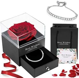 J.Fée Ewige Rose Echte Konservierte Rose Rot, Rose Schmuck Geschenkbox mit Silber 925 Armband, Rose Geschenk für Frauen Ewige Rose Box Geschenk für Mama zu Muttertag Weihnachten Geburtstag