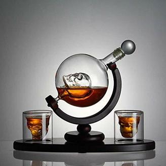 Whisky Karaffe Set Totenkopf glas Schädel Gläser Deko Skelett Halloween Geschenkset Bourbon zubehör wiskey gläßer Skull Globus-Dekanter bar