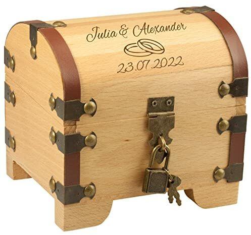 Geschenke 24 Schatztruhe zur Hochzeit mit Gravur I Namen & Datum I Motiv Ringe I Geldgeschenk für Brautpaar I Idee für Geldgeschenk I Originelle Verpackung I Geschenkidee für Hochzeitspaare